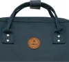 A close-up view of the top portion of a navy blue backpack, featuring the brand logo and handles. Voir les images du produit