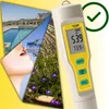 A collage of images showing a swimming pool, a person drinking water, plants, and a digital pH meter. Voir les images du produit