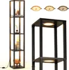 A tall, narrow, four-shelf display unit with integrated LED lighting, shown against a white background. The unit is made of dark wood-like material and has decorative items on its shelves. A close-up view of the unit's corner and lighting is also shown, al Anteprima dell’immagine prodotto