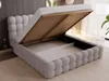 A bed with its storage compartment open, revealing the slatted base and storage space underneath. The bed is upholstered in a light gray bouclé fabric. Produktbild-Vorschau