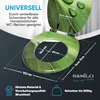 A toilet seat with a green leaf design is shown with dimensions and feature callouts. Produktbild-Vorschau