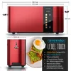 A collage showing a red toaster, a close-up of its front, and toast with avocado and an egg. Produktbild-Vorschau