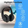 A person wearing headphones in front of a TV, with highlighted functions listed on the side. Produktbild-Vorschau