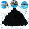 A pile of black filter balls with water splashes and three circular images of swimming pools. Voir les images du produit