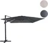 A dark gray cantilever umbrella is shown against a white background. Two circular swatches of fabric, one beige and one dark gray, are displayed in the upper right corner. Produktbild-Vorschau