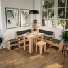 A dining nook with a wooden table and benches, set against a window with trees outside. Podgląd zdjęcia produktu
