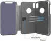 A flip case for a smartphone is shown open, with arrows indicating magnetic attraction between two parts of the case. Produktbild-Vorschau