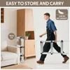 A man is carrying a folded ladder, and a folded ladder is shown next to a sofa. Produktbild-Vorschau