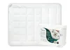 A white quilted blanket is shown next to its packaging. Produktbild-Vorschau