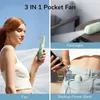 Collage showing a woman using a portable fan, a close-up of the fan's flashlight function, and the fan being used as a backup power bank in a person's pocket. Anteprima dell’immagine prodotto