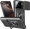 A black phone case with a ring holder and camera cover is shown from multiple angles, with a phone screen visible in one angle. Produktbild-Vorschau
