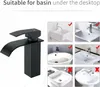 A collage of images showing a black waterfall faucet and various sink installations with checkmarks and crosses indicating compatibility. Produktbild-Vorschau