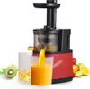 A red and black juicer is shown with juice being dispensed into a clear cup. Several fruits, including kiwis, apples, and oranges, are arranged around the juicer. Náhled obrázku produktu