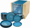 A set of blue ceramic plates and bowls is displayed in front of a cardboard box with product information. Náhľad obrázku produktu