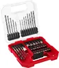A drill and bit set in a red and clear plastic case, with the lid open. Voir les images du produit
