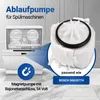 A dishwasher is shown on the left, with a close-up of a drain pump on the right. Text overlays provide product details and compatibility information. Produktbild-Vorschau