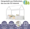 A white house-shaped children's bed with a mattress, pillows, and stuffed animals on display, with icons below highlighting features. Náhled obrázku produktu