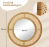 A round mirror with a rattan frame is shown with dimensions indicated. A close-up of the frame's thickness is also visible. Podgląd zdjęcia produktu
