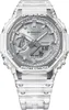 A close-up, front-facing studio shot of a transparent G-Shock watch with a silver dial. Produktbild-Vorschau