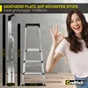A woman is giving a thumbs up next to a stepladder with dimensions shown. Produktbild-Vorschau
