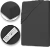 A dark grey fitted sheet is shown, with close-up insets of the fabric texture and a care label. Produktbild-Vorschau
