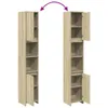 Two tall, narrow wooden cabinets are shown side-by-side against a white background. A purple arrow curves over the top, indicating a connection or comparison between the two. Náhled obrázku produktu