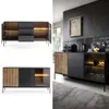 A collage of images showing a modern sideboard with a graphite black finish and wotan oak accents, displayed in both a studio setting and a lifestyle interior. Produktbild-Vorschau