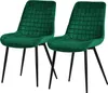 Two dark green velvet chairs with black metal legs, shown from a front-diagonal angle against a white background.