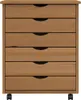 A light brown wooden chest of drawers with six drawers, each with a black curved handle. The chest is on wheels. Voir les images du produit