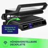 A black electric grill with its lid open, displaying its grilling surface and control panel. Text overlays highlight features. Produktbild-Vorschau