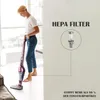 A woman is using a cordless stick vacuum cleaner in a bright, modern room. The image also features a diagram of a HEPA filter. Produktbild-Vorschau