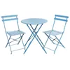 A blue metal bistro set with a round table and two chairs, shown against a white background.