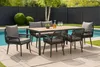 An outdoor dining set with a table, sofa, and chairs next to a swimming pool. Podgląd zdjęcia produktu