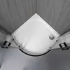 A top-down view of a corner shower tray with glass panels and aluminum frame. Produktbild-Vorschau