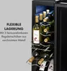 A wine cooler with bottles of wine inside, with text overlay describing its features. Podgląd zdjęcia produktu