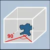 A blue object with a star-like shape is inside a transparent cube. Red lines and an angle indicator are on the bottom left corner of the cube, with '90°' written next to it. Voir les images du produit
