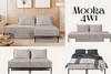 A collage of images showing a modular sofa in different configurations, including as a sofa and as a bed. Produktbild-Vorschau