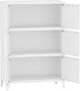 An empty white cabinet with three shelves and two doors on the right side are open. Podgląd zdjęcia produktu