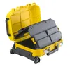 An open yellow and black tool case with wheels, showing its interior compartments. Voir les images du produit