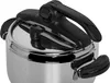 A close-up view of the top of a stainless steel pressure cooker with black handles and a black lid mechanism. Anteprima dell’immagine prodotto