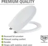 A white toilet seat is shown from a slightly elevated angle, with text and logos on the right side. Produktbild-Vorschau