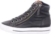 A black leather high-top sneaker with a white sole and a side zipper. Voir les images du produit