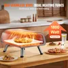 A pizza oven is shown on a wooden table with a pizza inside and another pizza next to it. There is also a glass of water and some berries. Produktbild-Vorschau