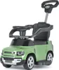A green Land Rover Defender ride-on toy car with a push handle and steering wheel, isolated on a white background. Náhled obrázku produktu