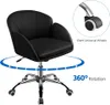 A black office chair with chrome accents is shown from a slightly elevated angle, with a blue circular arrow indicating 360-degree rotation. A close-up of a wheel is shown in a circle in the upper right corner, with text indicating 'Silent Universal Wheels Produktbild-Vorschau