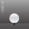 A white globe light fixture on a dark gray background with icons and text on the left. Produktbild-Vorschau
