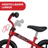 Close-up of a red balance bike with a red banner indicating adjustable handlebars. Produktbild-Vorschau