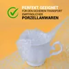 A white cup wrapped in bubble wrap, placed on a yellow background with bubble wrap texture. Produktbild-Vorschau