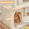 A cat is inside a cat house on a cat tree, with dimensions indicated by text overlays. Produktbild-Vorschau
