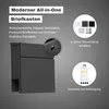 A dark gray modern mailbox is shown with text overlays describing its features and available colors. Anteprima dell’immagine prodotto